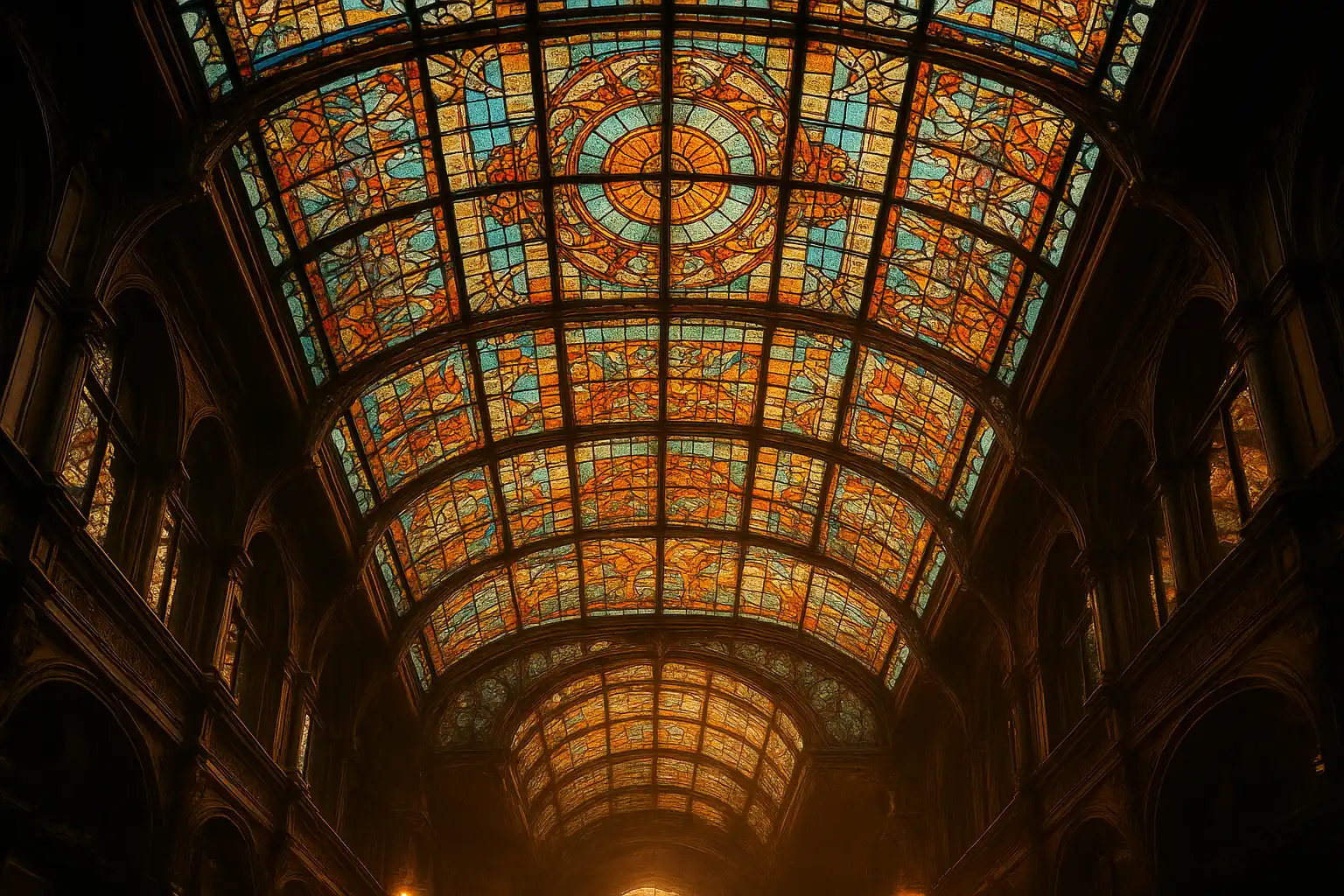 Stained glass skylight above the ornate AllWinss casino hall