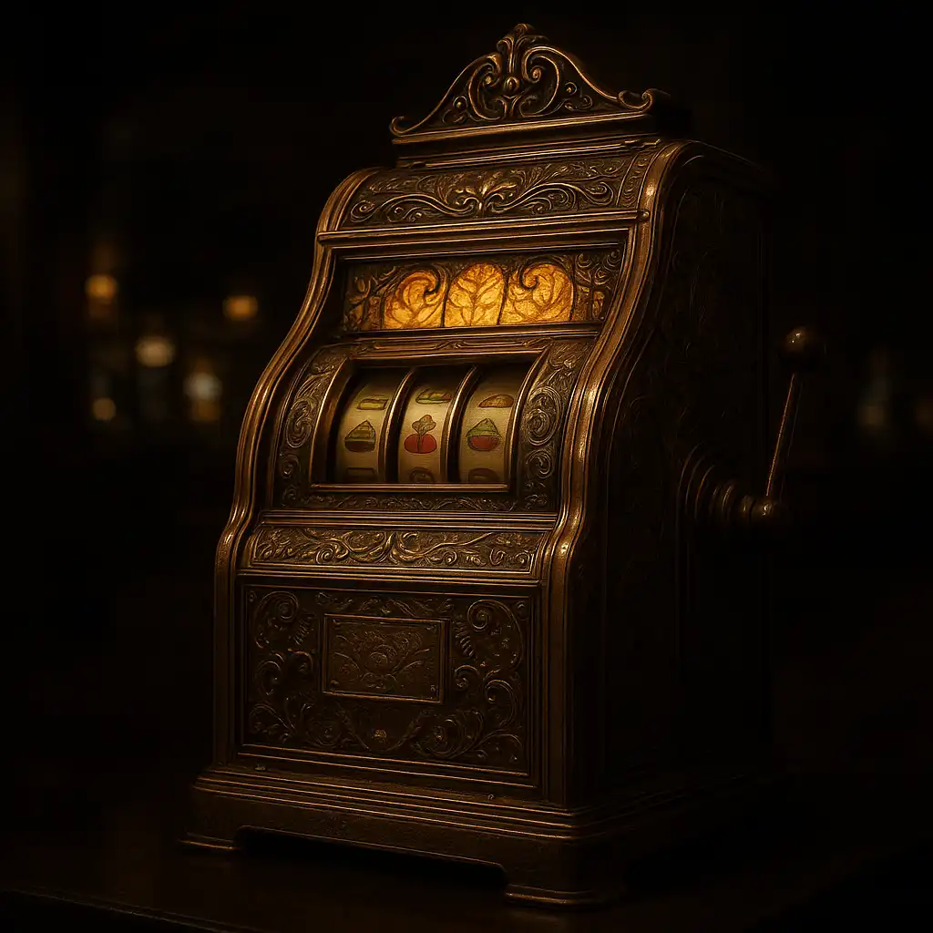 Ornate Victorian slot machine glowing with brass light inside the AllWinss arcade hall