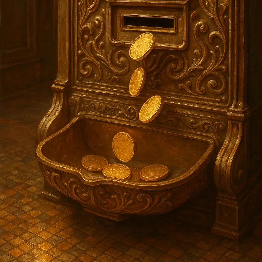 Coins dropping into an ornate brass slot machine tray