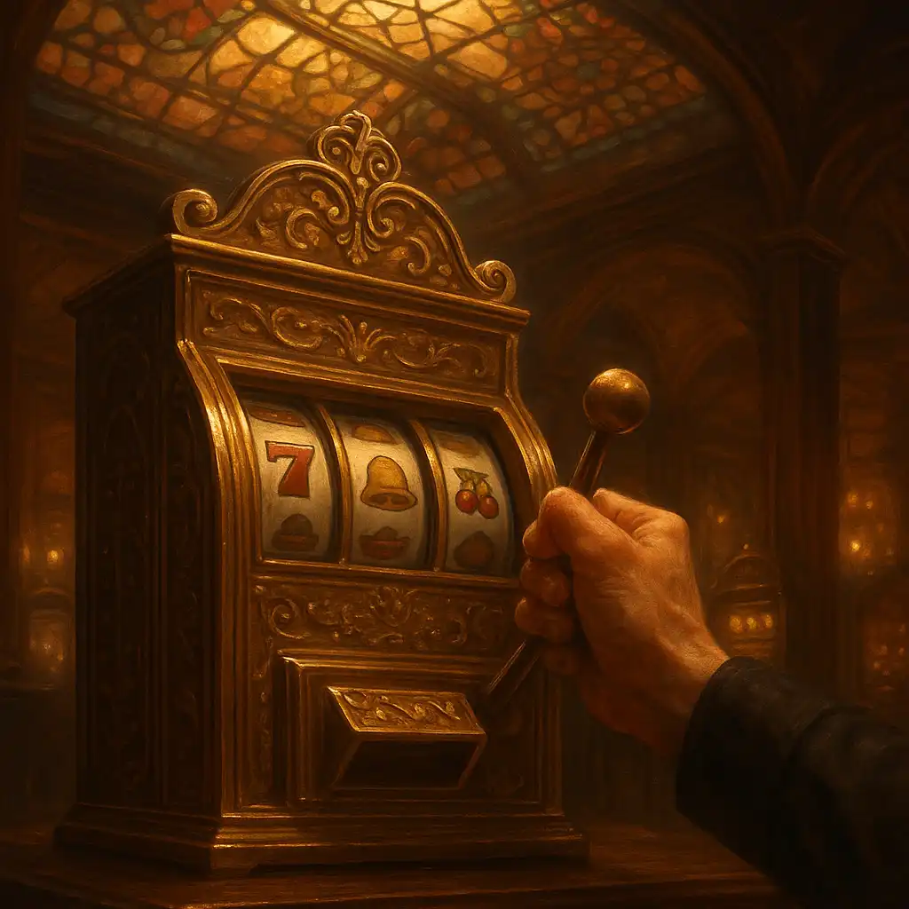 Player spinning an ornate slot machine reel under a stained glass skylight