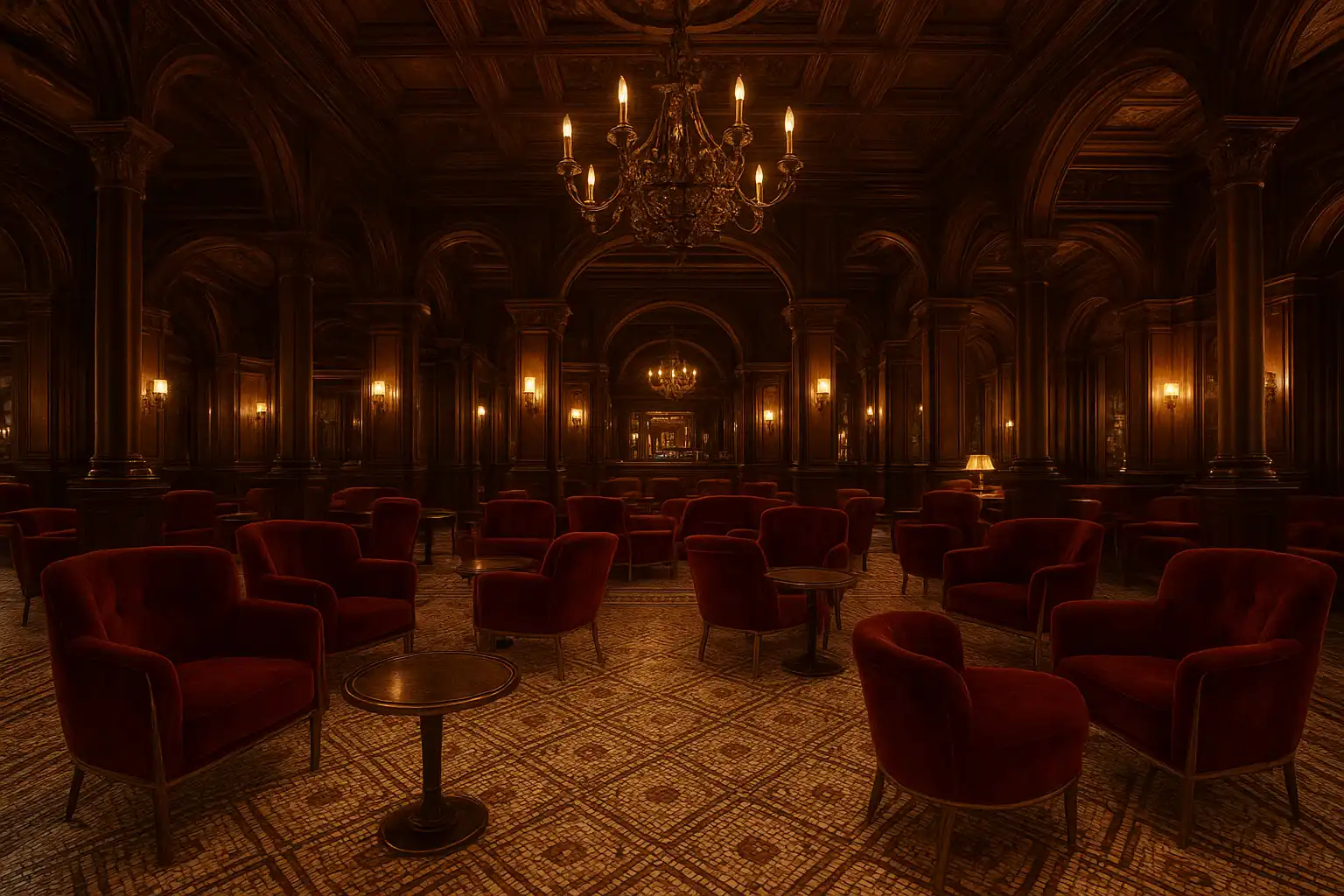 Brass-trimmed VIP lounge with mosaic floor inside the AllWinss arcade